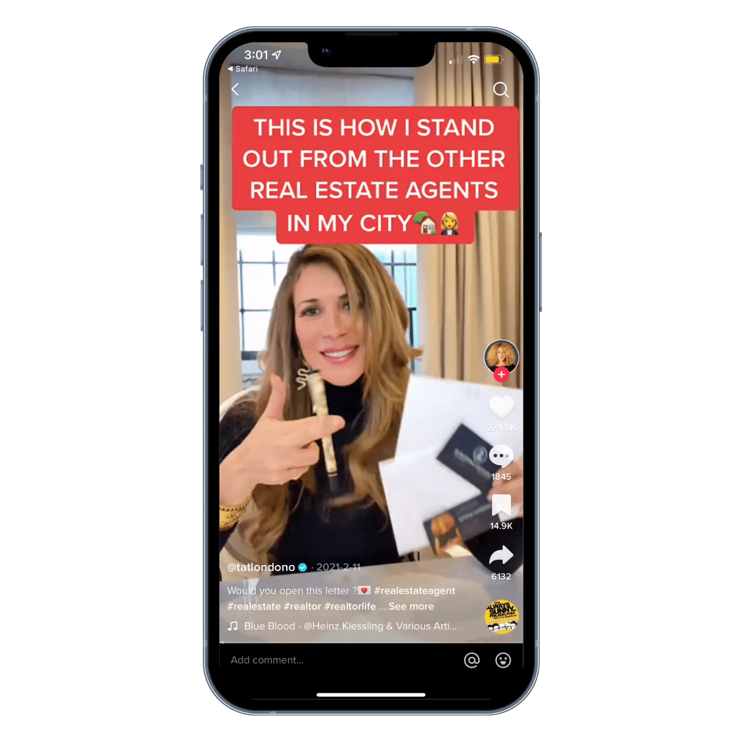 On a phone is a real estate agent's TikTok discussing real estate tips from her home.