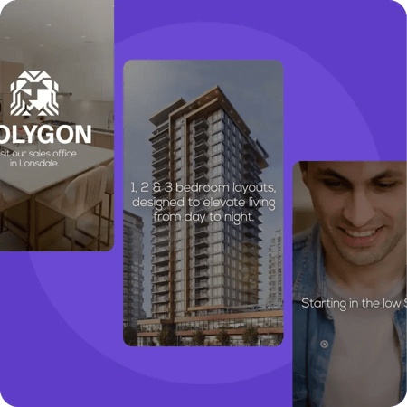 On a purple background are three images separated by a small amount of space. One image has a company logo, another has one of a condo and the other is of a man looking down.