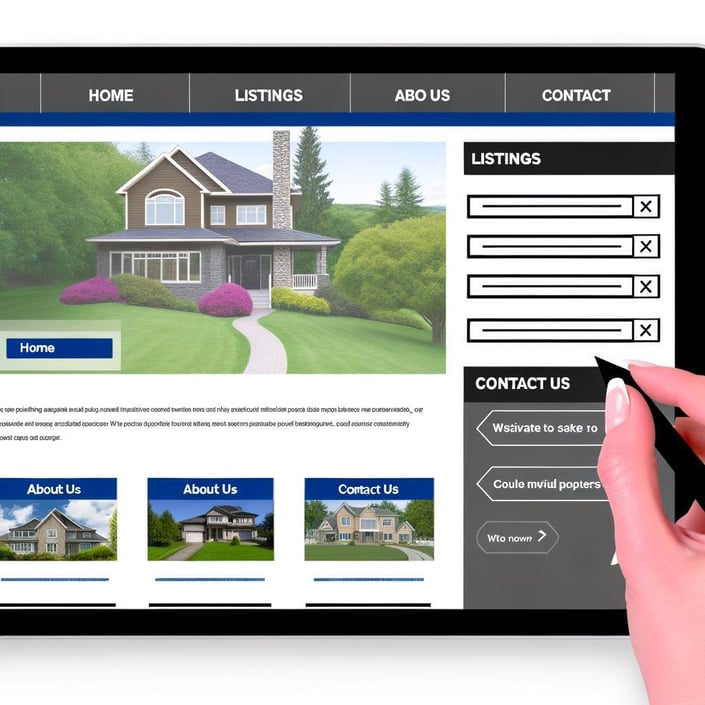 A real estate website with someone writing the listings. There's an image of a property and underneath are three listings, two read, "About Us" and one reads, "Contact Us".