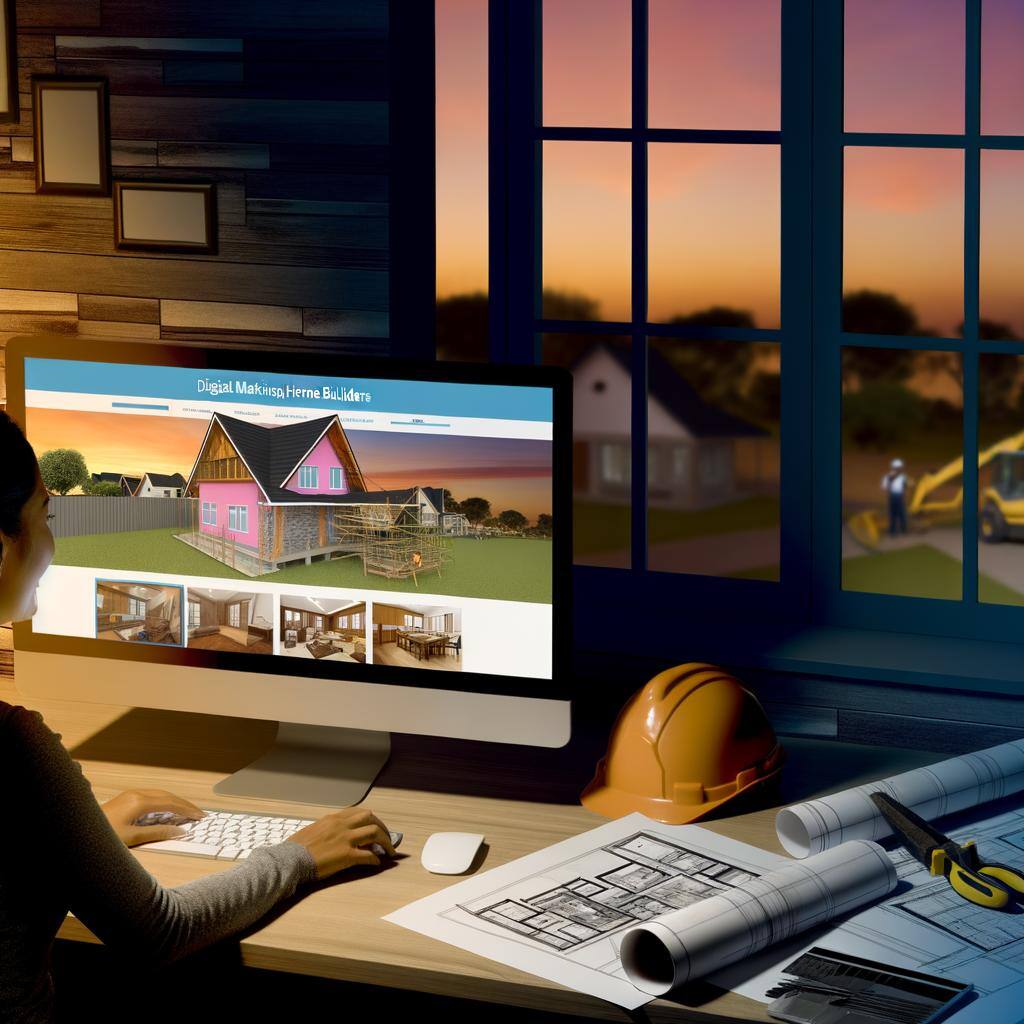 A woman at a computer creating a rendering of a new construction home. On the table are a hard hat, blue prints, shears and a computer mouse.