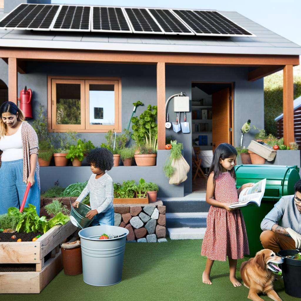 An net zero home with a mom, dad and two kids out front. The mom and son garden while the daughter reads to her dad.