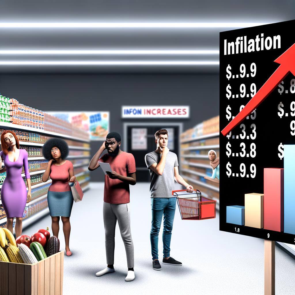 Four people in a grocery store looking confused about the prices. There's a graph showing the increase in prices from inflation