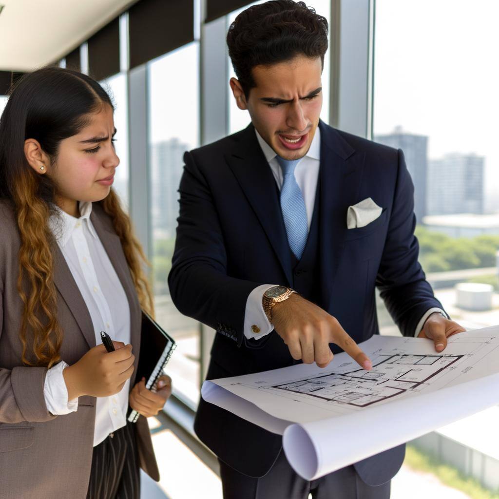 A man goes over blueprints with a woman in an office.