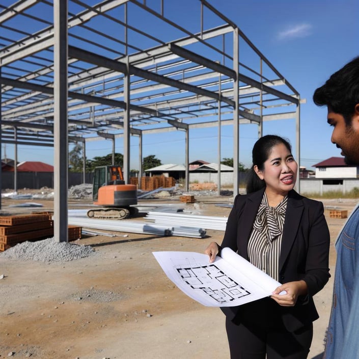 A woman shows blueprints of a new construction home to a man in front of a home being built.