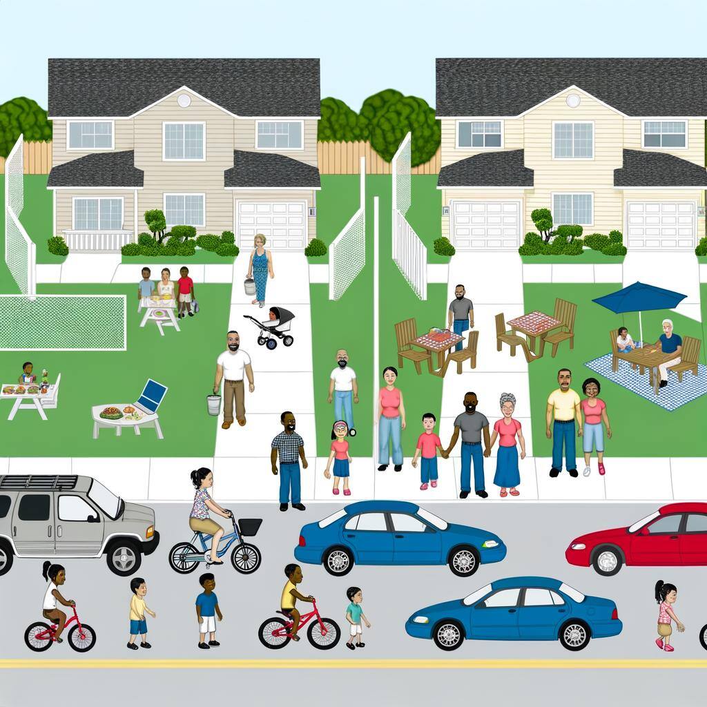 An illustration of the U.S. middle class. Two houses with lots of people miling about on lawns and the street along with cars and cyclists