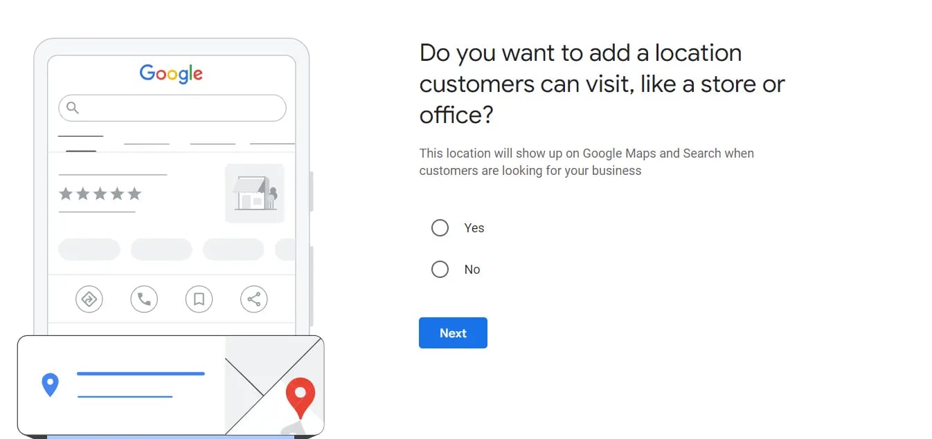 A step for setting up a Google My Business Profile. An image of a phone with a section highlighted. It asks if you want to add a store or office. 