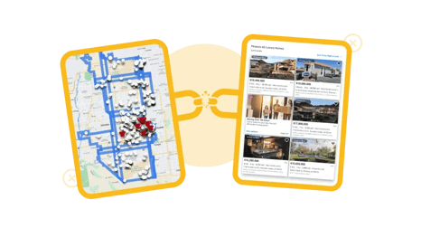 Two yellow-bordered cards. The one on the left is a map with house markers and blue lines throughout. The one on the right is a page with six property listings.