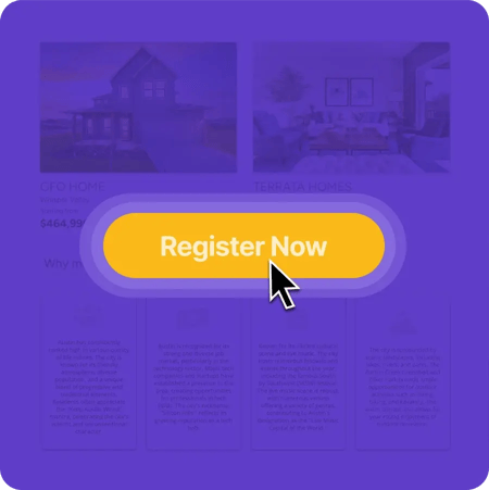 A barely visible purple property listing page. Over it is a button to "Register Now".