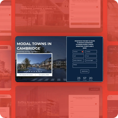 On a red background are partly-transparent listings for developments. In the center is a clear landing page for "Modal Towns in Cambridge" with a lead capture page.