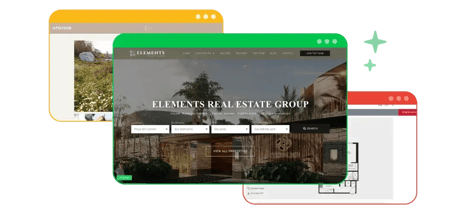 Three overlapping webpages. A real estate project page with a green top border in front of a webpage with an image and yellow top border the other has blueprints with a red top border.