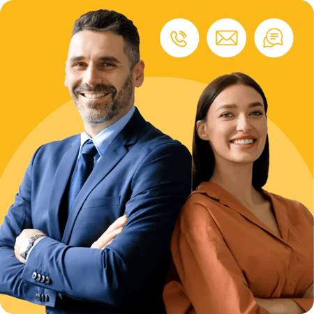 Two people with arms crossed on a yellow background with graphics to make a call, send an email and to chat above them.