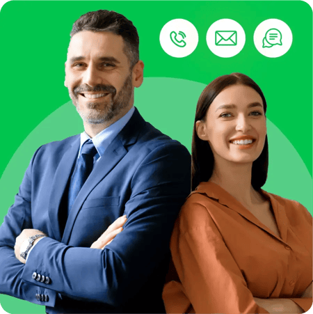 On a green background are a man and a woman, both with crossed arms, leaning on each other. Above them are three icons: call now, email or chat.