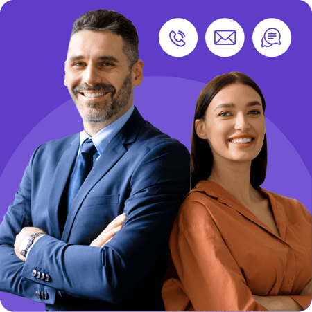 Over a purple background are a man and a woman standing shoulder to shoulder. Above the woman are three graphics for a phone call, email and text.