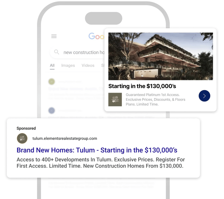 A smartphone with a Google search on its screen. Two ads are over it, both for homes.