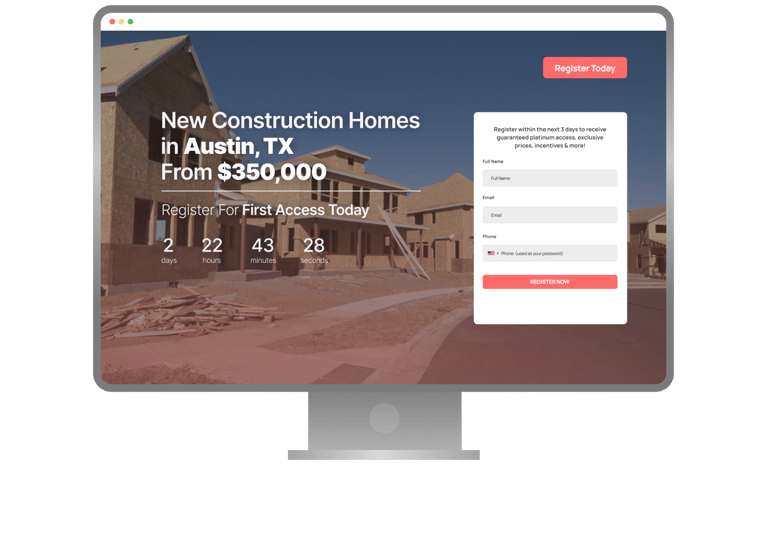 A monitor and on its screen is a landing page for "New Construction Homes in Austin, TX". There's a lead capture form. The background are preconstruction homes.