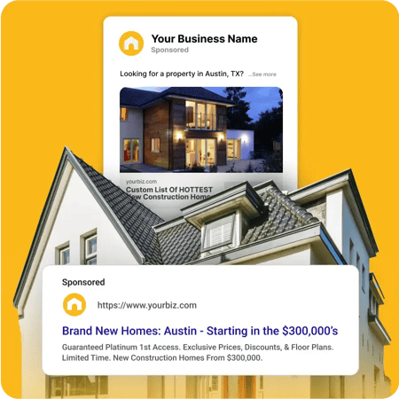 A house on a yellow background. Peeking behind it is an Ad for the listing and overlayed is a Sponsored Google Ad.
