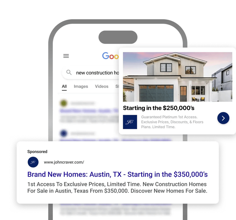 A phone with a Google search for new construction. Over the phone are a sponsored Google page and another property ad.