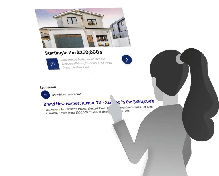 A female character looking at a large Google Ad for a house listing that's slanted in front of her.