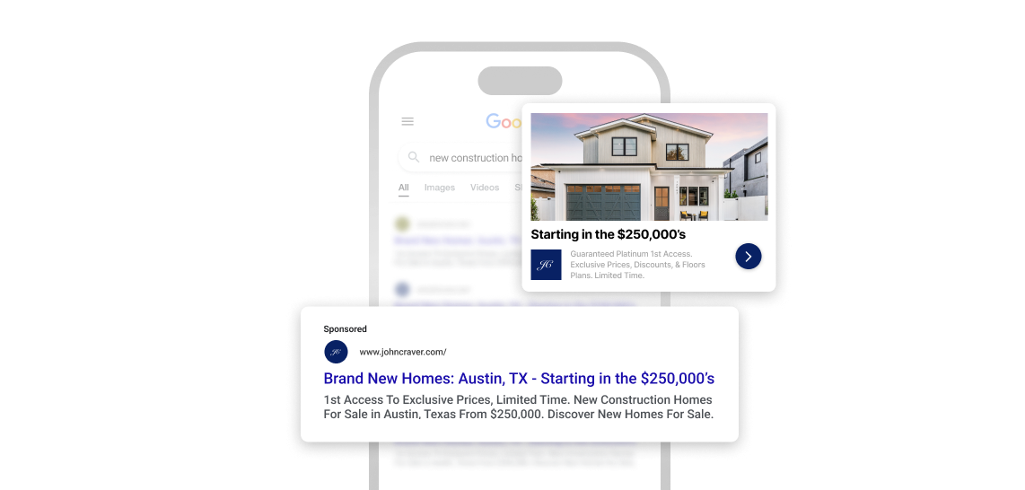 retargeting ads for real estate. Two Google Ads over a smartphone.