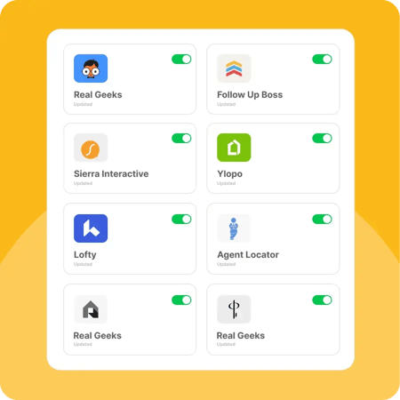 On a yellow background are two columns displaying CRM logos like Real Geeks and Sierra Interactive. Each one has a toggle that's green, meaning it's turned on.