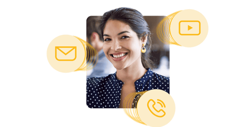 A square image of a smiling woman in a polka dot blouse. Surrounding her are three graphics: email icon, phone call icon and play button.