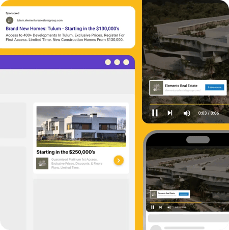 Ads, one text and two video, next to a webpage where the only visible element is an ad for a house.