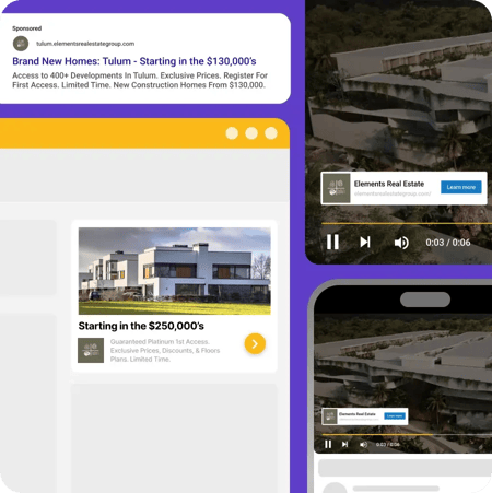 An ad and two video ads, all for properties, on a graphic of a search engine results page.