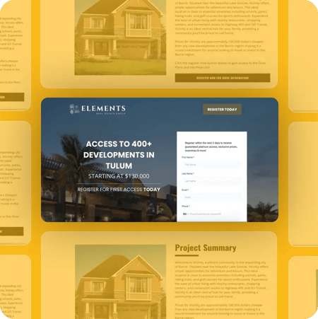 On a yellow background are partly-transparent listings for developments. In the center is a clear landing page for a development in Tulum with a lead capture page.