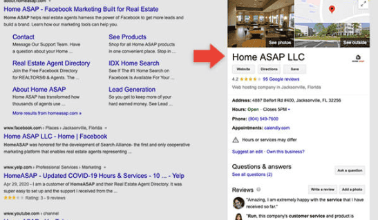 A Google search engine results page for Home ASAP LLC. Home ASAP LLC's Google Business Profile is highlighted