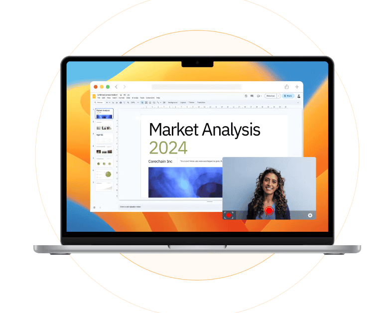 An opened laptop. On the screen is a Google Slides presentation for "Market Analysis 2024". In a smaller screen on the bottom right is a video of a smiling woman.
