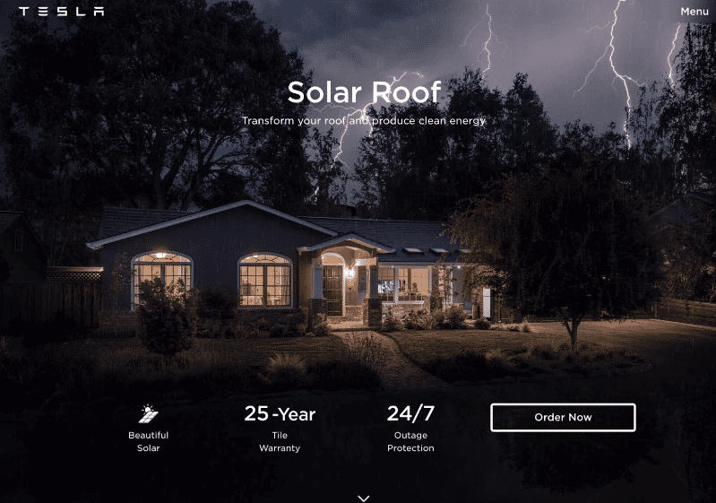 A landing page for Tesla about solar roofs. The headline reads, "Solar Roof". A house with the lights on. It's a stormy night. Lightning flashes.