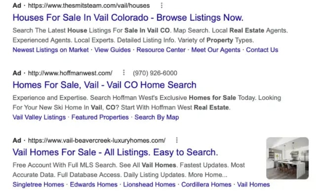 Google search ads for homes for sale in Vail, Colorado. Three ads and the last has an image of a kitchen.