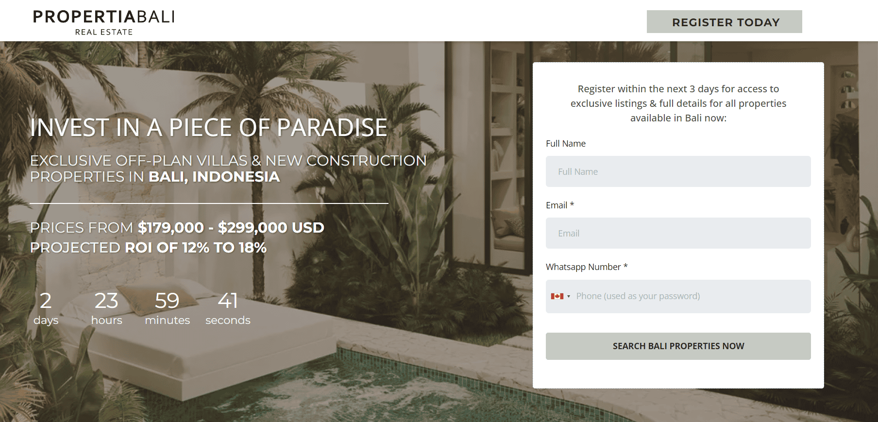 A real estate landing page for properties in Bali, Indonesia. There's a countdown and a form. 