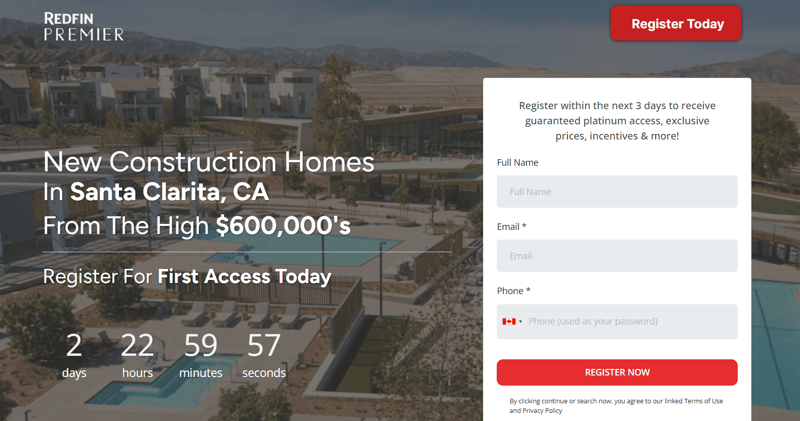 A landing page for a real estate agent in Santa Clarita, California. There's a countdown to register for first access and a form. 
