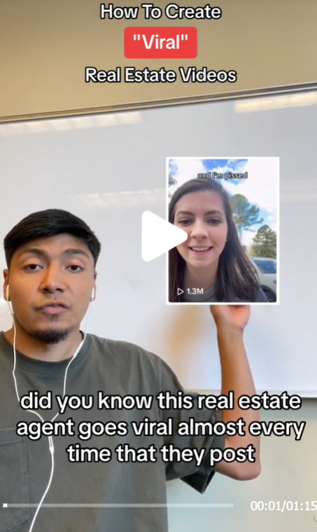 A TikTok with a man in front of a whiteboard pointing to a picture-in-picture screen with a woman with brown hair. 