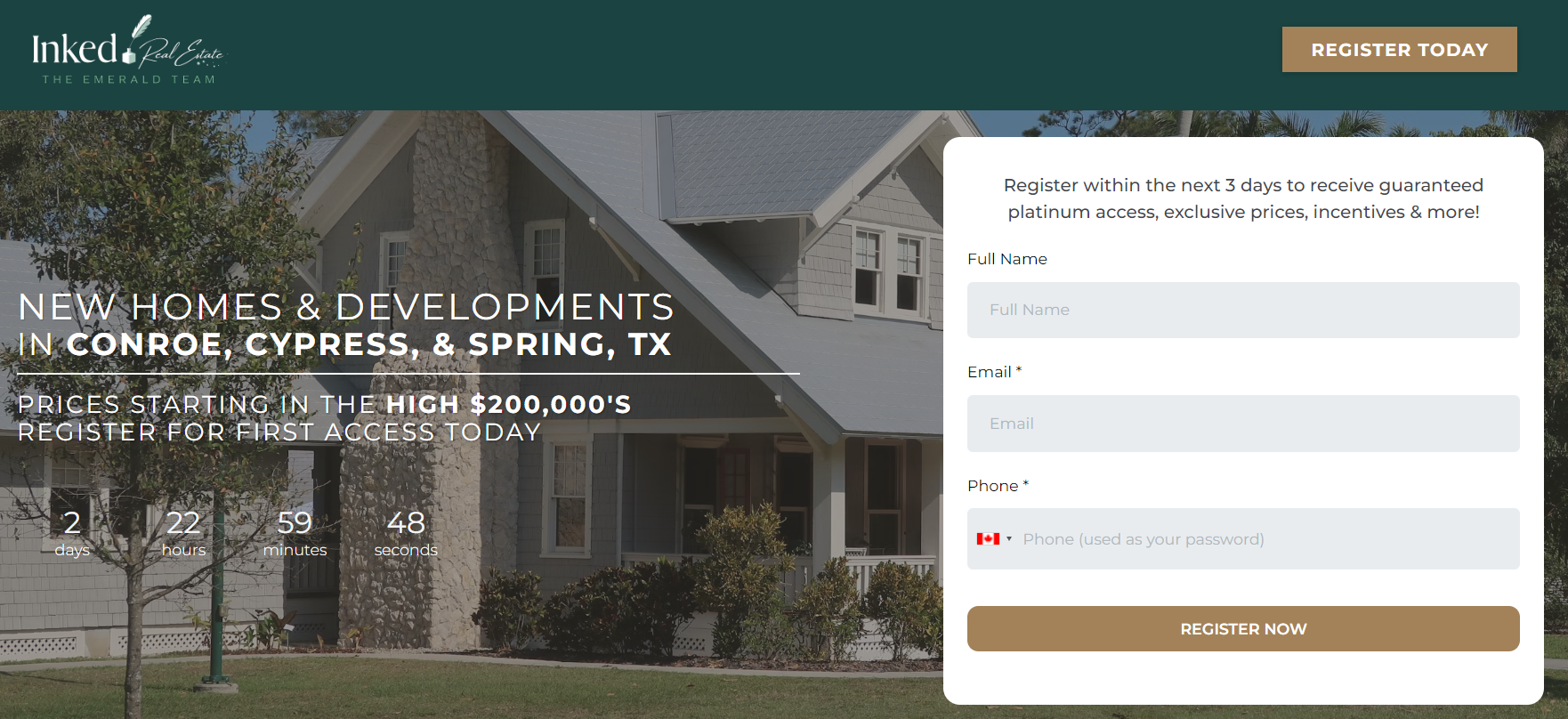 A landing page. A photo of a house and lawn and a form with fields for name, email and phone number and a "register now" button.