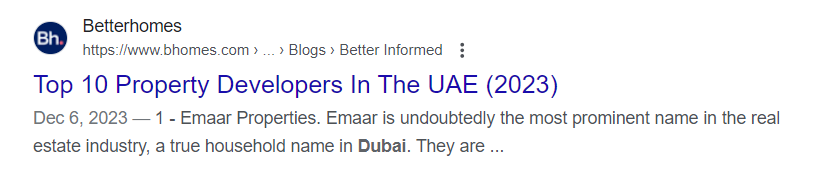 A Google listing for an article by "Betterhomes" for "Top 10 Property Developers In The UAE (2023).