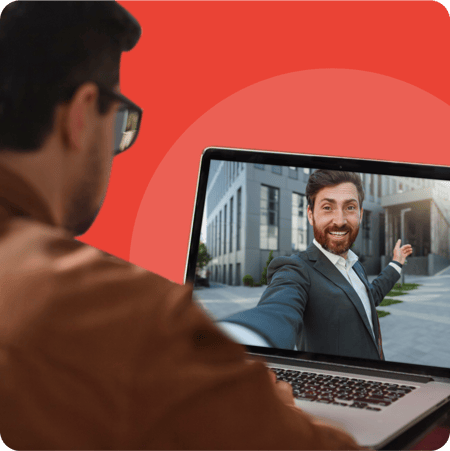 On a red background, a man watches a video of a real estate agent showing the exterior of a house.