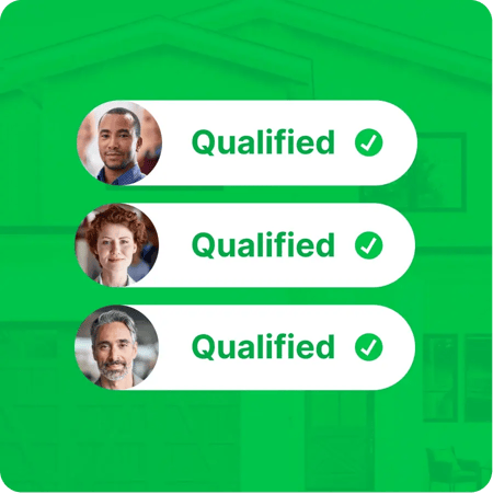 On a green background are three people on white backgrounds with the word "Qualified" and a green and white check mark