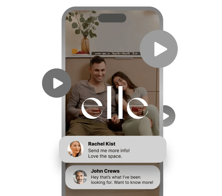 A phone with the word, "elle", over it. On the phone is an image of a man and a woman cuddling. There are two text messages overlayed and three graphics for with play buttons.