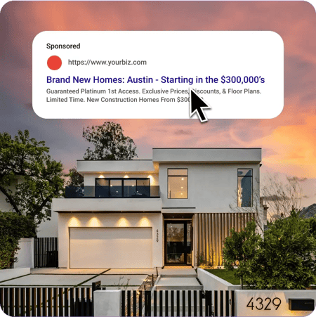 A house with the outside and inside lights on at dusk. Overlayed is a Google Ad for "Brand New Homes: Austin"