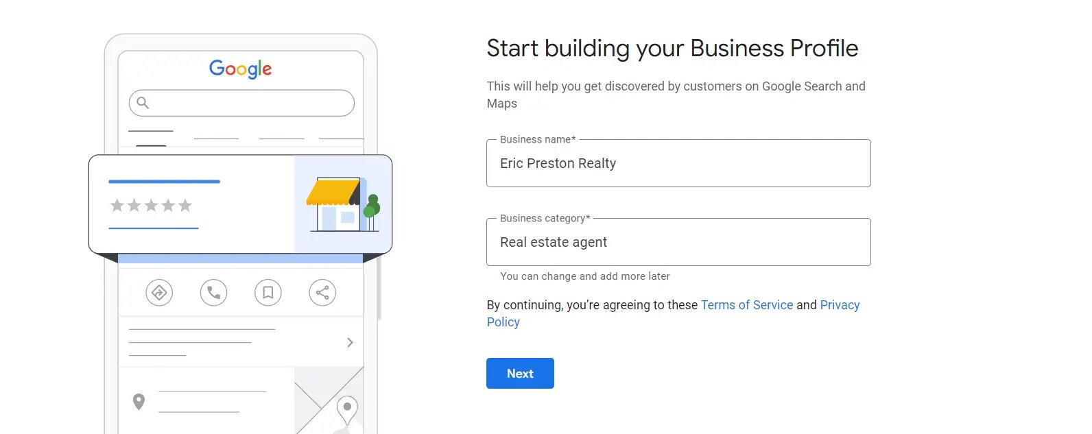 Google My Business "Start building your Business Profile" page. Two fields: Business name" and "Business category" above a blue "Next" button. 