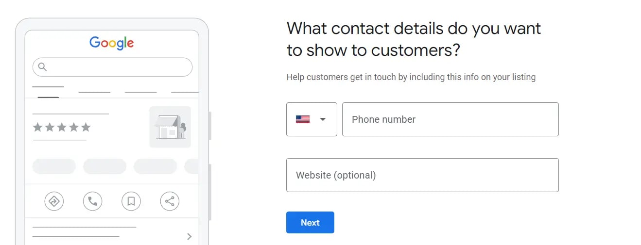 Page to enter contact details for a Google My Business Profile. Fields for phone number and website (optional). There's a blue "Next" button.