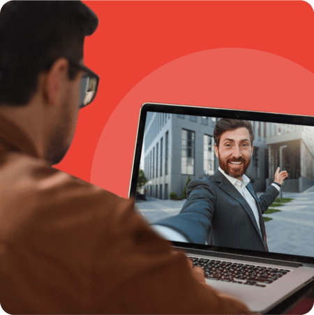 A realtor does a tour of a home on a laptop as a man in glasses watches.