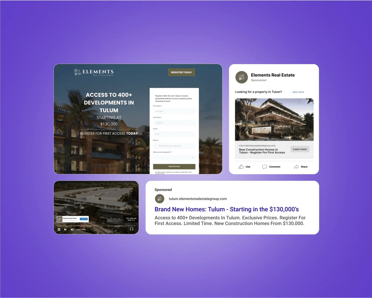 A collage comprised of a landing page, ad for a property listing, a Google ad and a video.
