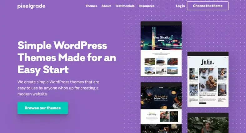 A homepage for Pixelgrade. A purple background with a green button: "Browse our Themes". 3-4 images of themes.