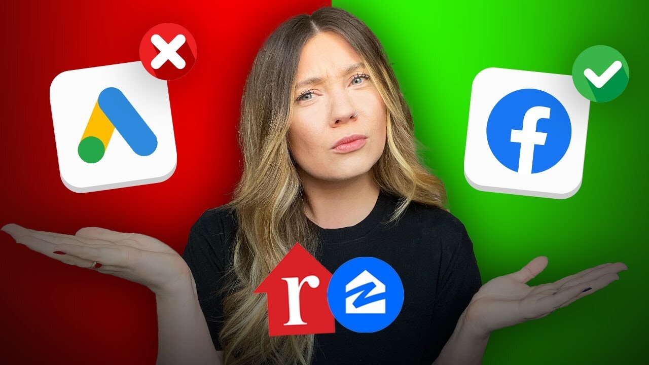 A woman in front of a red and green background. On the red is the Google Ads logo with an X. On the green is the Facebook logo with a checkmark.