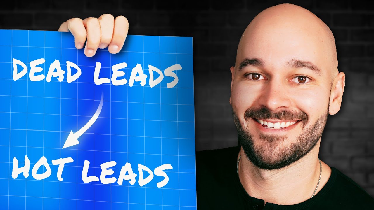 Eric Preston holding a blue sign with an arrow pointing from "dead leads" to "hot leads".