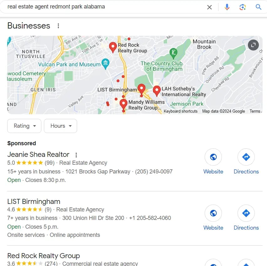 A Google search for "real estate agent redmont park Alabama". Three businesses are listed below a map. 