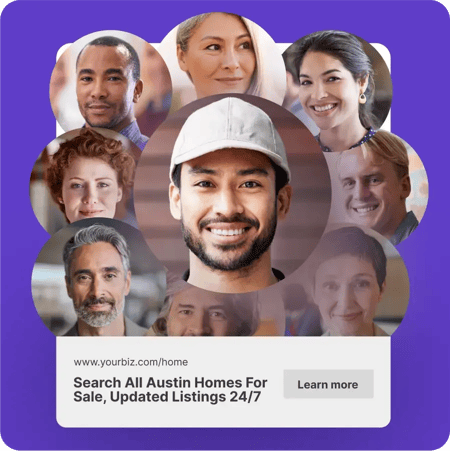 Faces in circles overlapping on a purple background. The center image is a bearded man in a white hat.